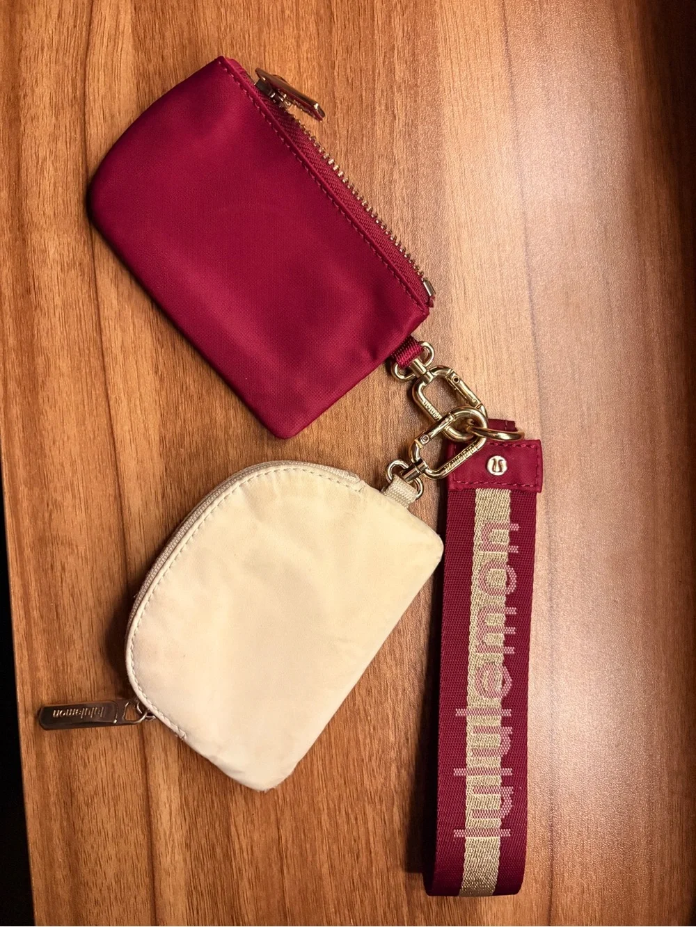 lululemon burgundy and cream dual pouch wristlet